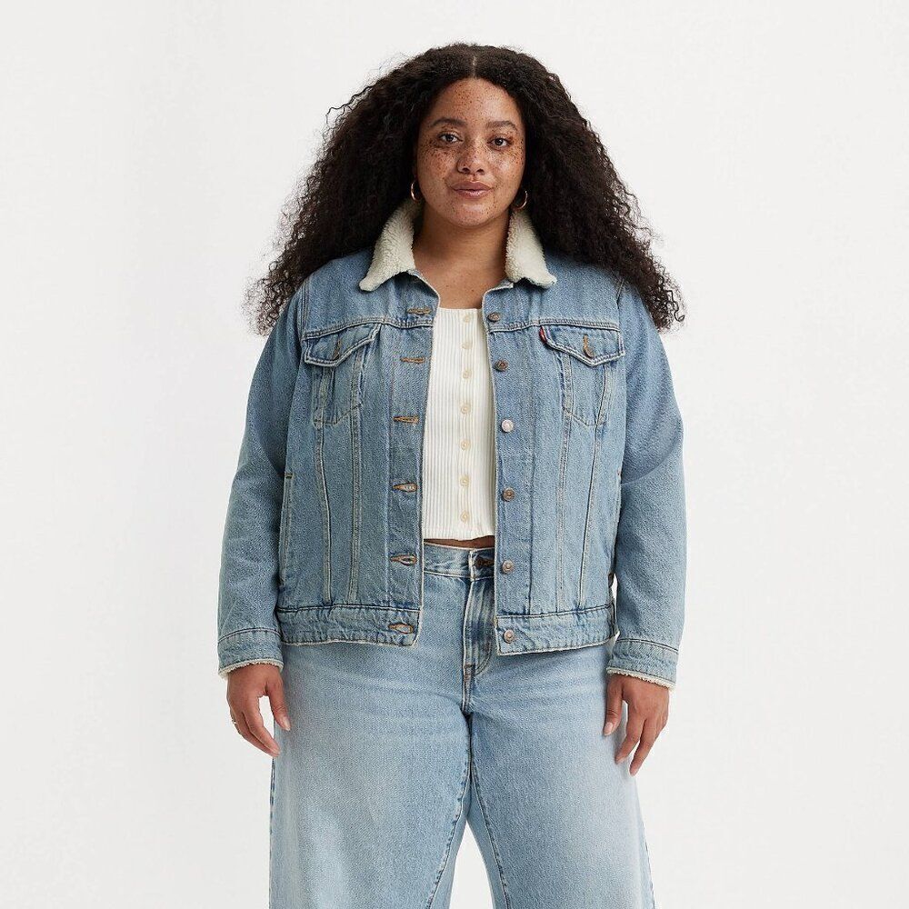 NWT Levi's Original Trucker Denim Jean Jacket Medium Wash Sherpa Lined Collar 1X